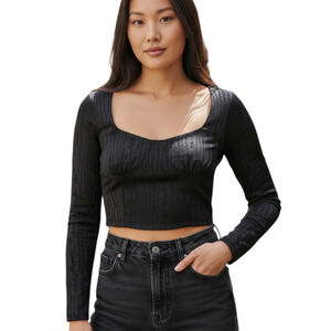 ZARA Women's L Blouse Cropped Bustier Black Satiny Long Sleeve Lined NEW NWT